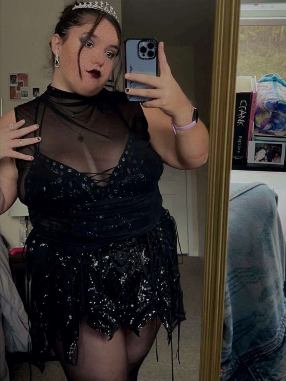 Black Mini Dress with Sheer Mesh Bodice and Sequin Skirt